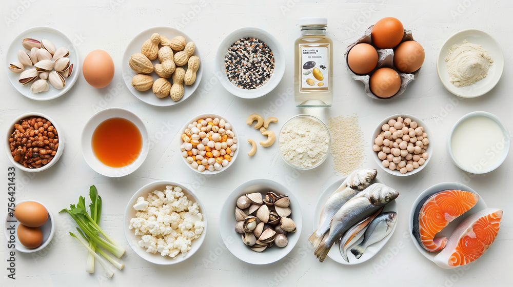 High Protein Foods for healthy balanced eating. Top view High Protein Foods for healthy balanced eating. Top view