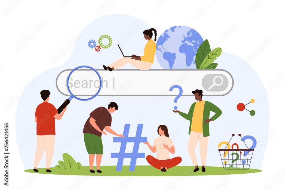 Search bar in browser to find digital information on Internet. Tiny people with magnifying glass looking for website content online, holding question mark and tag symbol cartoon vector illustration