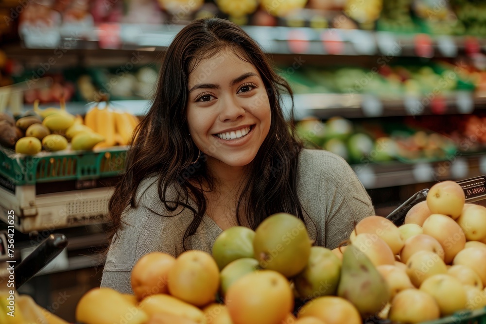 Portrait of satisfied female shopper in supermarket, Hispanic woman weighing fruit in store, smiling and looking at camera using self-service scales, Generative AI