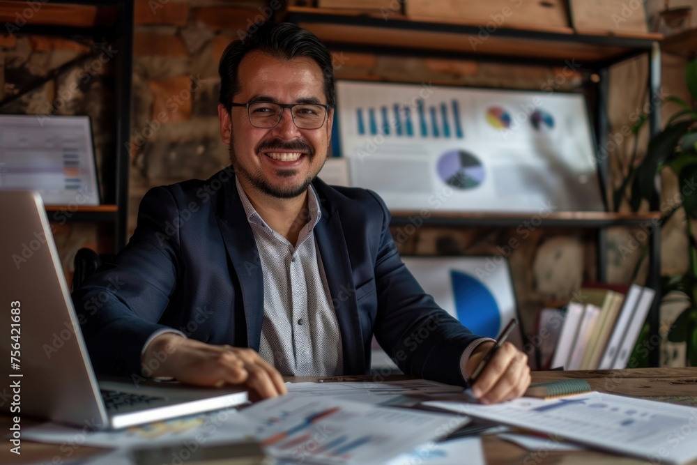 © The Picture House - Successful financier on paperwork, young businessman investor checking papers, accounts contracts and statistical reports, man with laptop inside office smiling happy with achievement, Generative AI