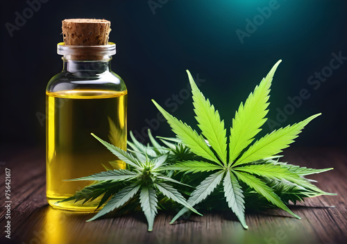 CBD oil extracts and hemp leave background, alternative soothing medicine. Generative AI
