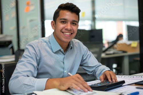 Portrait of young successful financier accountant at work inside office building at workplace, hispanic man smiling and looking at camera, man using calculator in paperwork, Generative AI