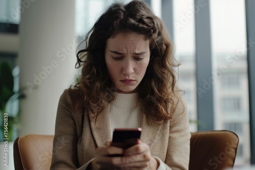 Sad upset woman pensive with phone in hands working inside office at workplace, businesswoman financier received notification message with bad news online, uses app on smartphone, Generative AI