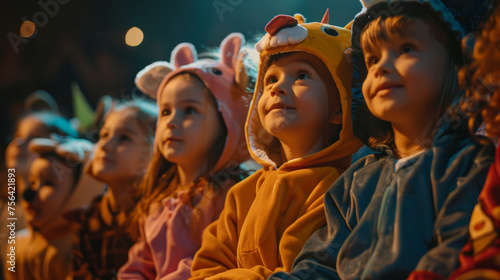 A group of children are wearing animal costumes and sitting together