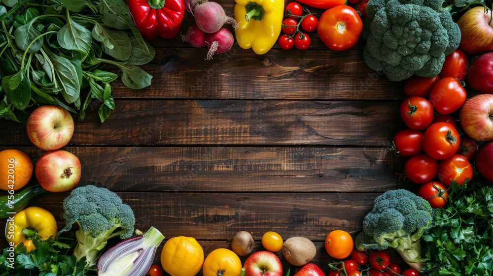 Assorted vegetables and fruits on wood Assorted vegetables and fruits on wood
