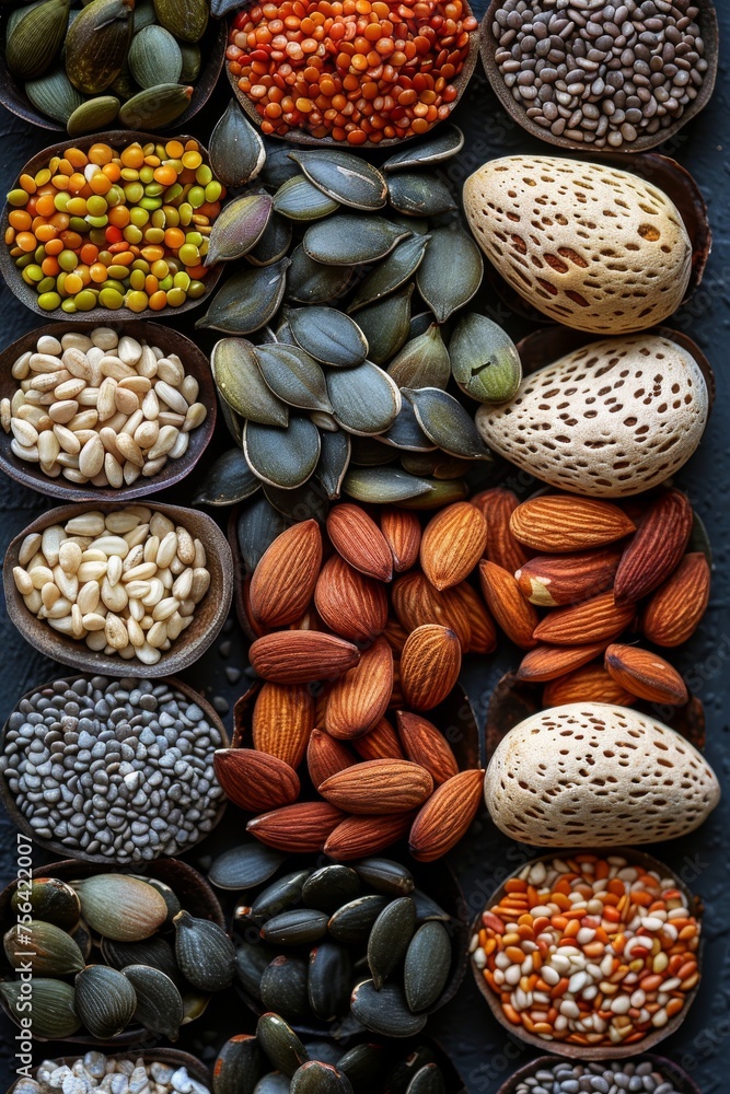 Top view of assorted seeds and nuts Top view of assorted seeds and nuts