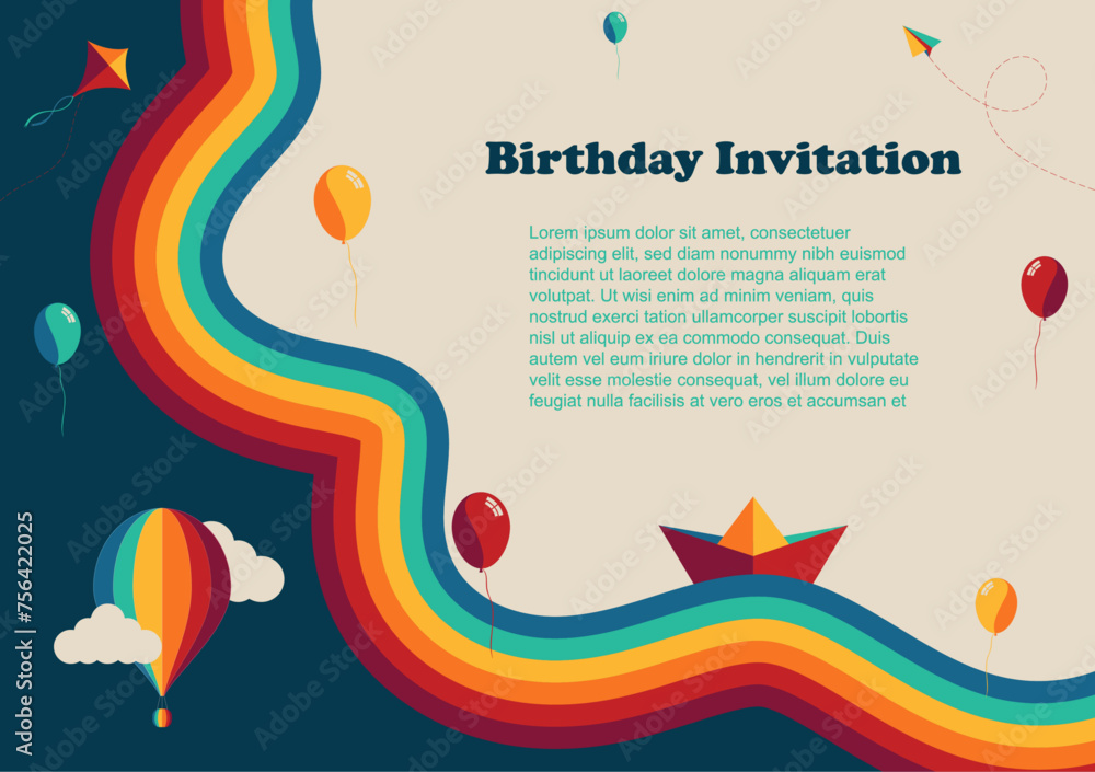 Beautiful cute frame with rainbow, balloons, paper airplane, hot air ballon, paper dragon and paper ship, suitable for children's birthday invitations. Beautiful cute frame with rainbow, balloons, paper airplane, hot air ballon, paper dragon and paper ship, suitable for children's birthday invitations.