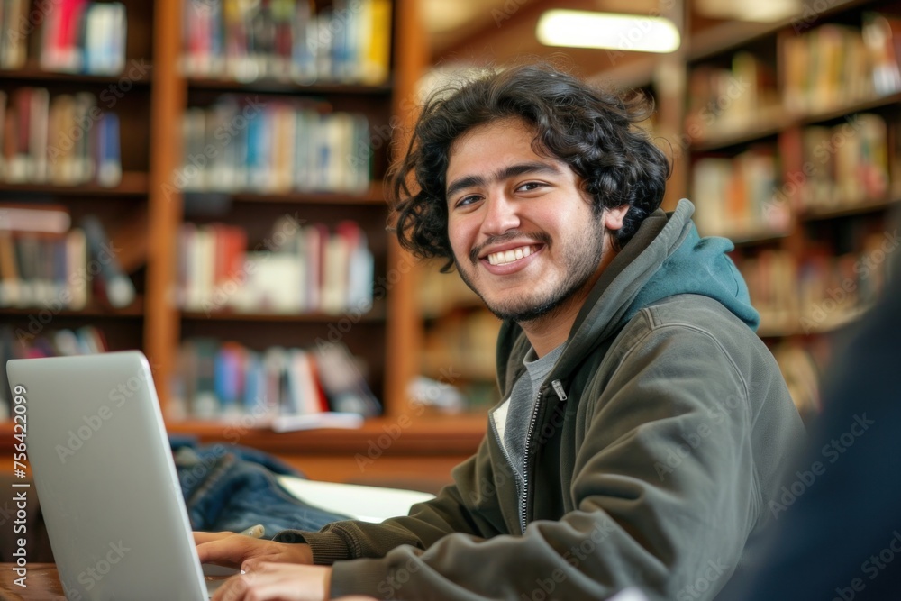 Young hispanic student studying inside university campus academic library among bookshelves, man smiling and using laptop, Generative AI