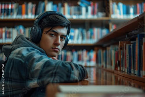 Serious concentrated man in headphones studying in library, hispanic student thinking and recording video course while sitting in university campus library. Generative AI
