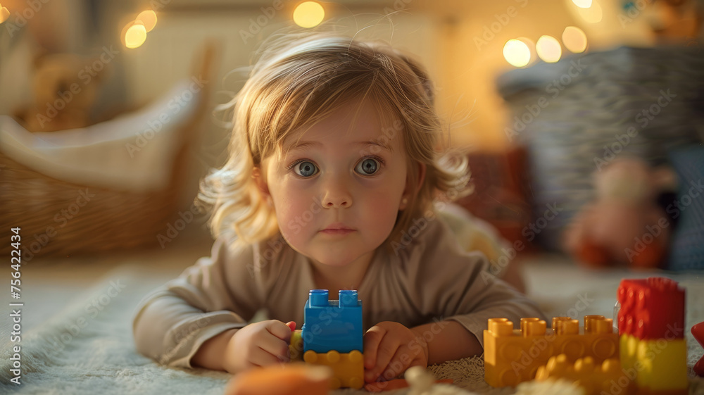Fototapeta premium Toddler boy playing with blocks indoors
