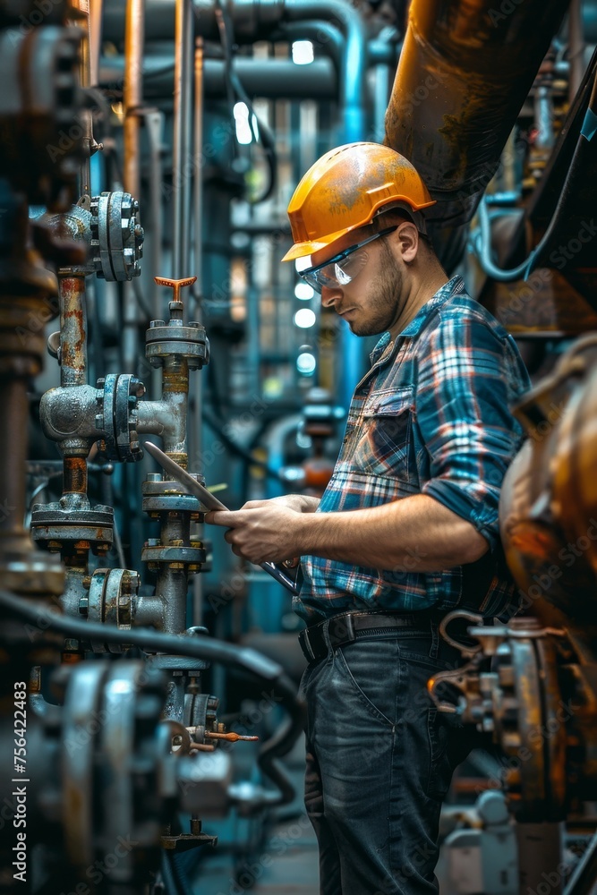Middle eastern engineer at oil refinery with storage tanks and piping, using tablet under the sun Middle eastern engineer at oil refinery with storage tanks and piping, using tablet under the sun