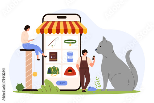 Online pet store, mobile app in phone with awning. Tiny people buy food, toys and care items for giant cat, select with click purchase category on smartphone screen cartoon vector illustration