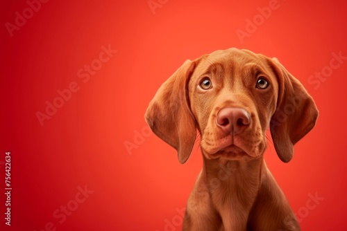 Close-up of a Hungarian fold-eared dog on a red background