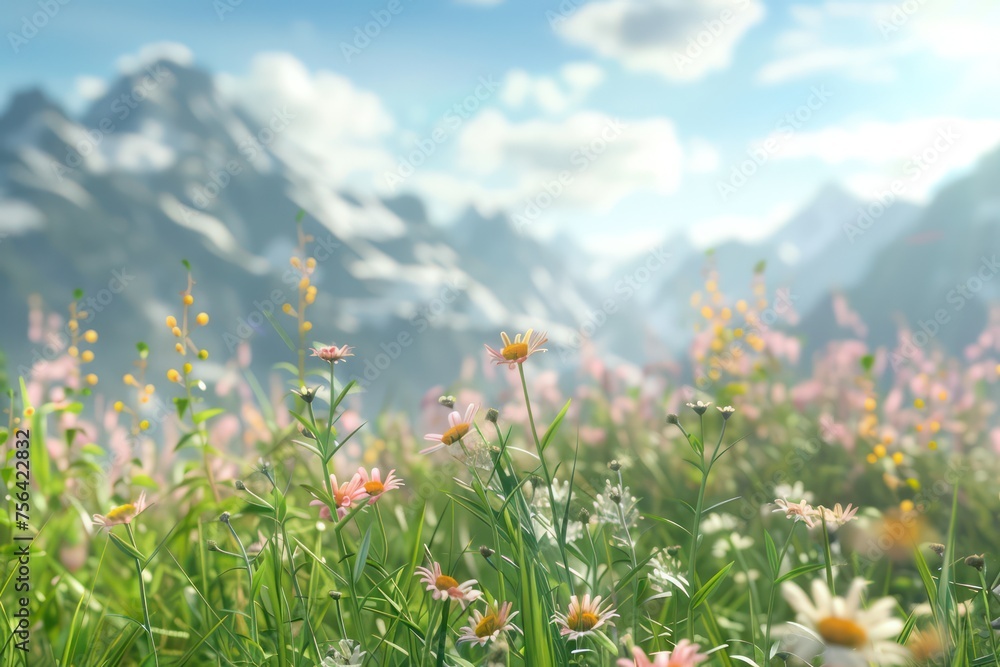 Obraz premium meadow with flowers and mountain background
