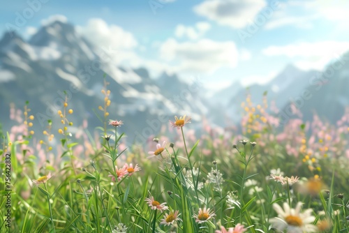 meadow with flowers and mountain background