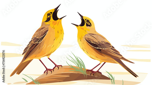 A pair of meadowlarks singing in harmony on a sunny photo