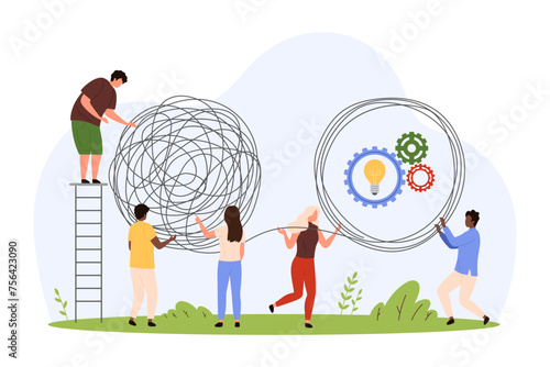Solve complex difficult problem by simplification way, psychotherapy. Tiny people untangle chaos and mess of wire with knots to simple circle, simplicity metaphor cartoon vector illustration