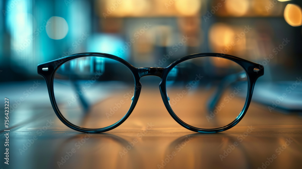Black-rimmed eyeglasses on a table Black-rimmed eyeglasses on a table