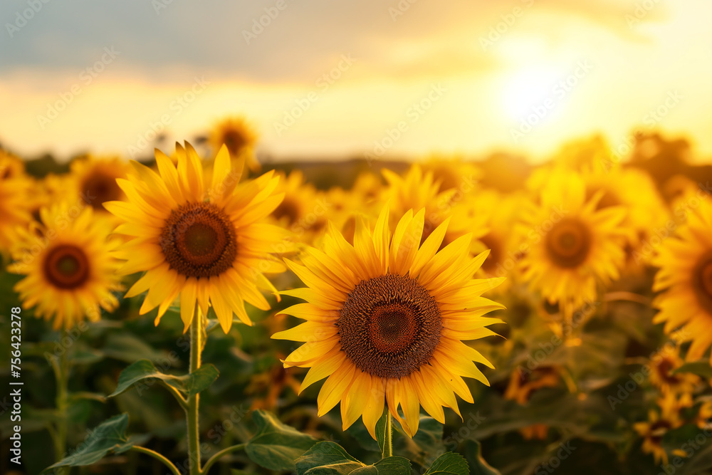 sun is setting behind a field of sunflowers