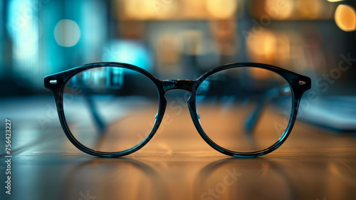 Black-rimmed eyeglasses on a table