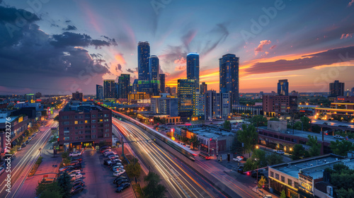 Twilight cityscape with a dramatic sky and long exposure traffic trails leading into a bustling downtown with skyscrapers. © khonkangrua