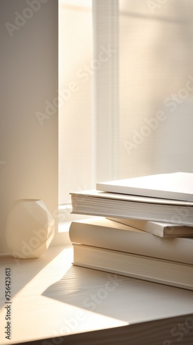 A close up image of a book pile on a tableStudio shot luxurious design elegant simplicity photo