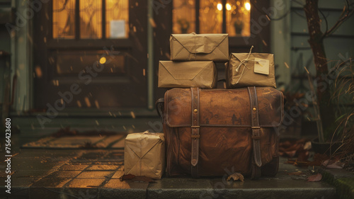 A vintage suitcase with wrapped parcels on it.