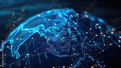 Concept of global network and connectivity on Earth, centered on South-East Asia. Data transfer and cyber technology, information exchange and international telecommunication. 