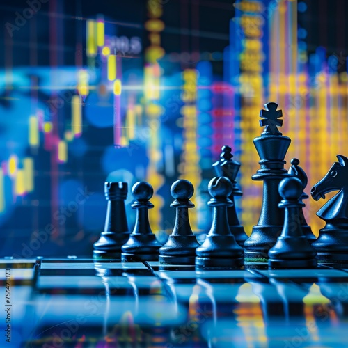 Stock graphs serve as a dramatic backdrop to a chessboard where financial strategy and game tactics collide