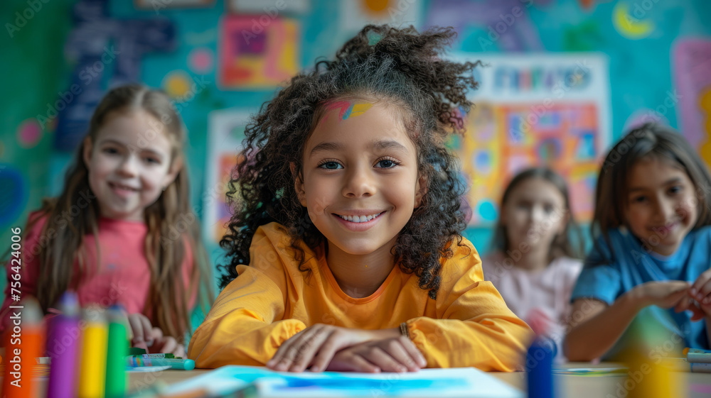 Children in a classroom setting with art supplies Children in a classroom setting with art supplies