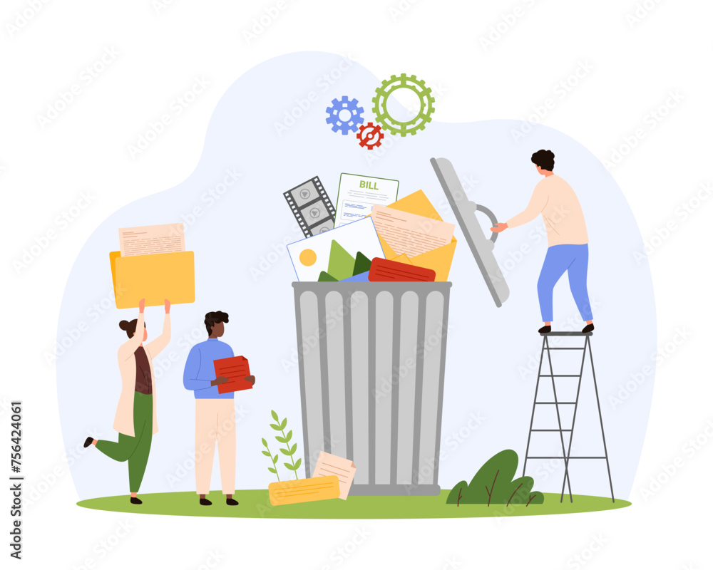 Cleaning up personal computers memory using software, trash bin. Tiny people delete digital documents, throw email letters, data files and archives into open waste basket cartoon vector illustration