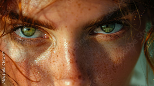 Close-up of a young woman's freckled face. © SashaMagic