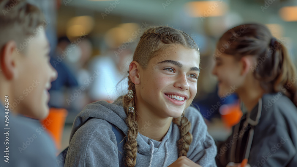 Teen girl smiling with friends at school