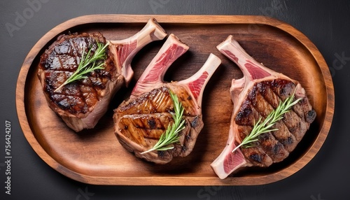 BBQ Roasted chops steaks of  lamb, mutton in a wooden plate.  Isolated on white background