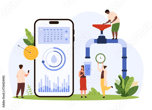 Drink water and hydration mobile app for phone. Tiny people using reminder software, smart application with calendar and graphs, pouring water from tap to stay hydrated cartoon vector illustration