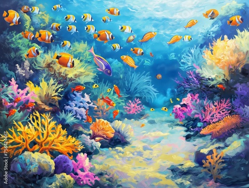 Colorful coral reef with schools of tropical fish in a serene underwater setting. © cherezoff