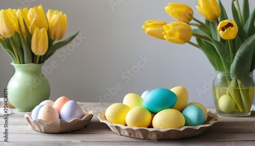 Cardboard tray with Easter eggs on a wooden table next to a bouquet of yellow tulips and Easter decor