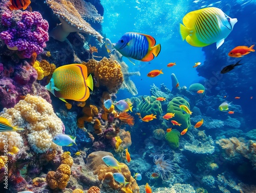 A vibrant underwater scene showcasing a variety of tropical fish swimming among colorful coral.