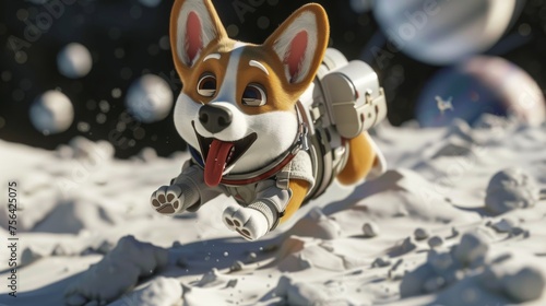 An exuberant corgi in a space suit joyfully bounds across a moon's surface with Earth and asteroids in the background.