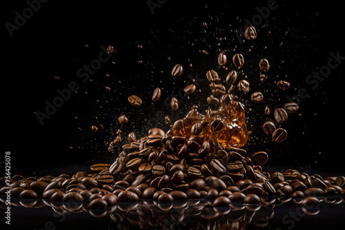 Coffee beans and splash frozen in time