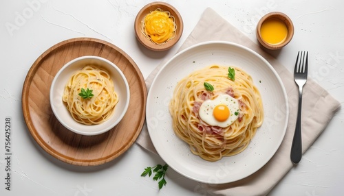 Classic Italian Spaghetti pasta alla carbonara with egg yolk in white ceramic plate served with cheese in wooden bowl