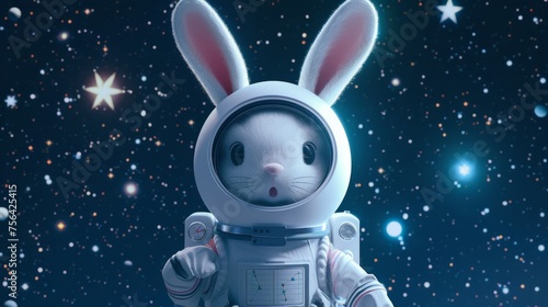 An enchanting image of an adorable bunny astronaut with oversized ears floating serenely against a backdrop of a star-filled outer space. © doraclub