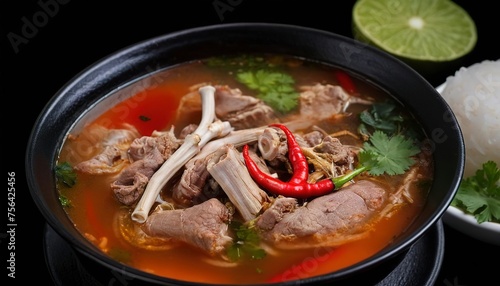 Close up Thai food, spicy pork bone soup, “Leng tom zaap” black background