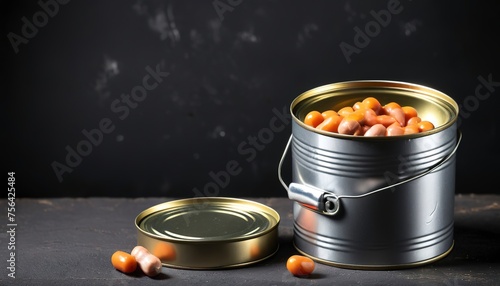 Closed tin can with canned food. On black rustic background photo