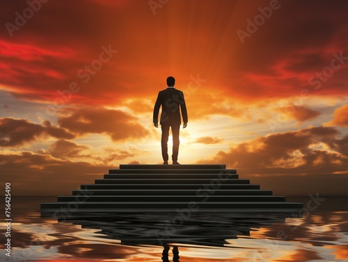 Lonely man standing on stairs and watching the sunset
