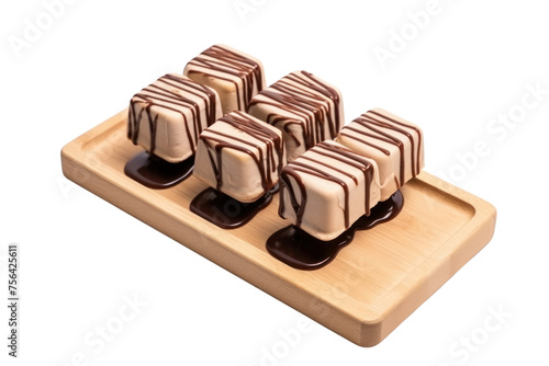 soy ice cream Sticks placed on a wooden tray Topped with chocolate sauce Emphasis on convenience,Isolated on transparent background. photo