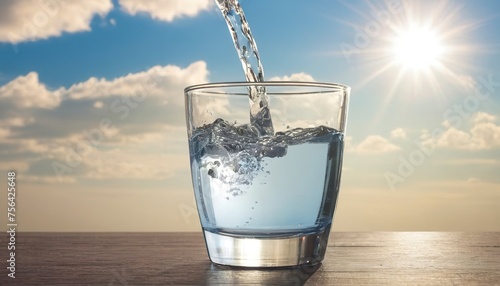 Cold drinking water in a glass help prevents Heat Stroke disease on sunshine, sky and clouds background photo