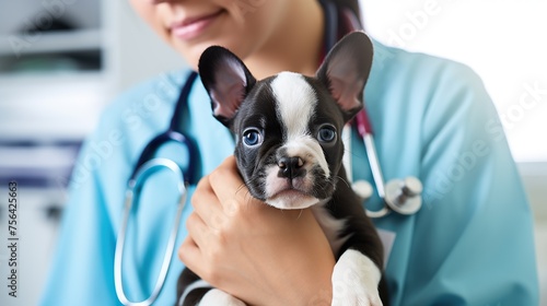 Young veterinarian holding cute puppy.