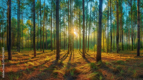 Sunrise beams casting shadows through the tall pine trees in a serene forest.