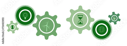 Go green strategy concept cogwheels set vector design with business concept icons. Gears set graphic to use for technology, business, teamwork, mechanics and engineering projects. 